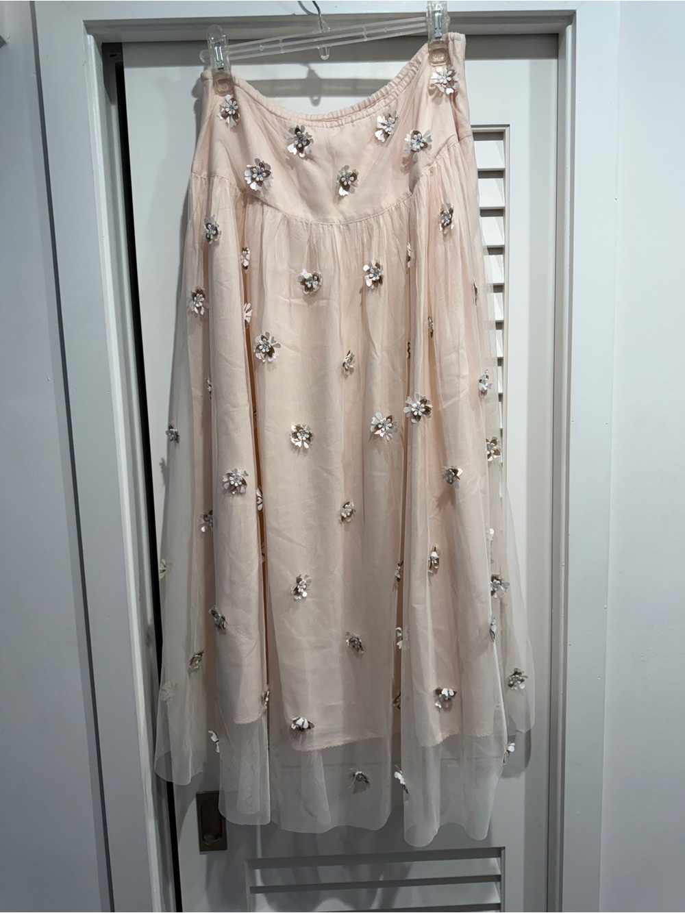 Anthropologie Embellished Blush Floral Tulle Midi Skirt- 10